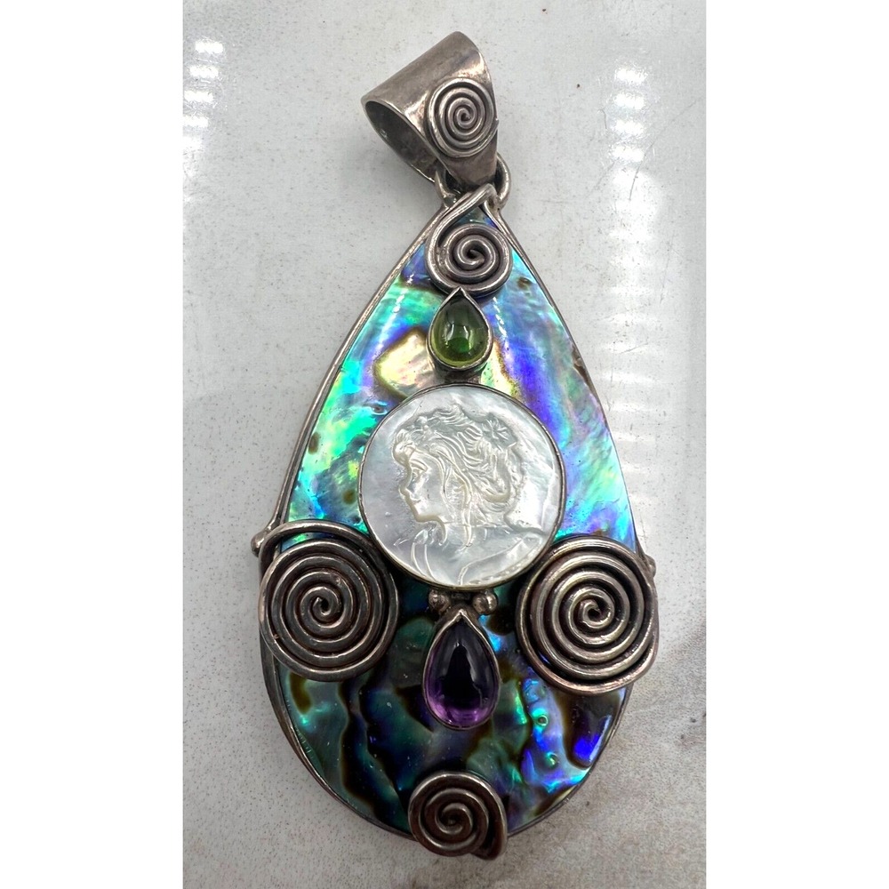 Sajen Amethyst Pendant Large 925 Sterling Silver Abalone Mother of Pearl Cameo